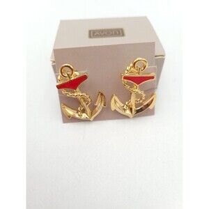Clip On earrings Avon Anchors Aweigh Red Gold‎ Tone Nautical with Box Sailing